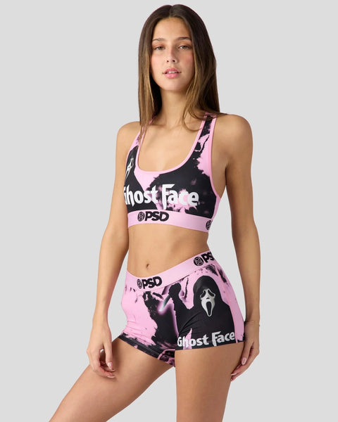 Pink and black sports bra and shorts set with Ghost Face graphic print and PSD branding.