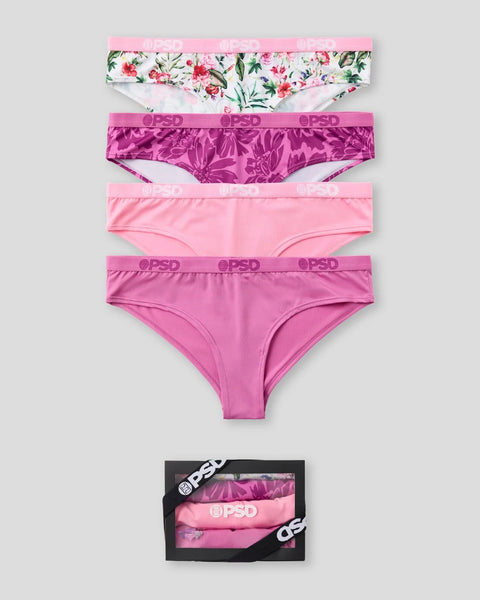 Four underwear pairs in shades of pink featuring floral print, solid pink, magenta damask, and hot pink designs with branded 