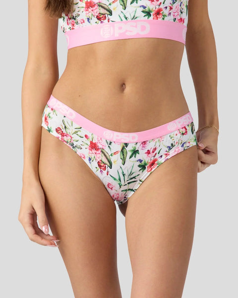 Pink floral print bikini set with matching band waistband on crop top and briefs.
