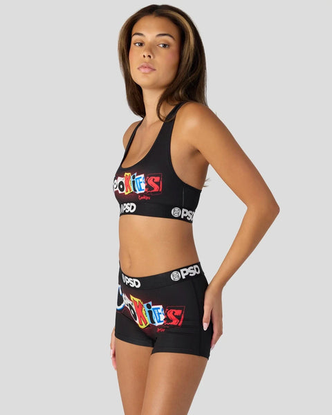 Black sports bra and shorts set with colorful 
