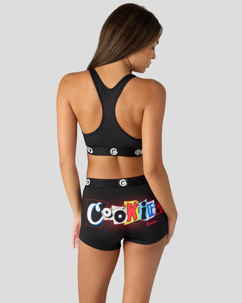 Black sports bra and shorts set with colorful 