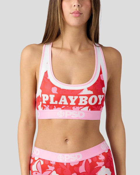 Playboy Love Camo sports bra in red, white, and pink camo pattern with pink trim and Playboy branding.