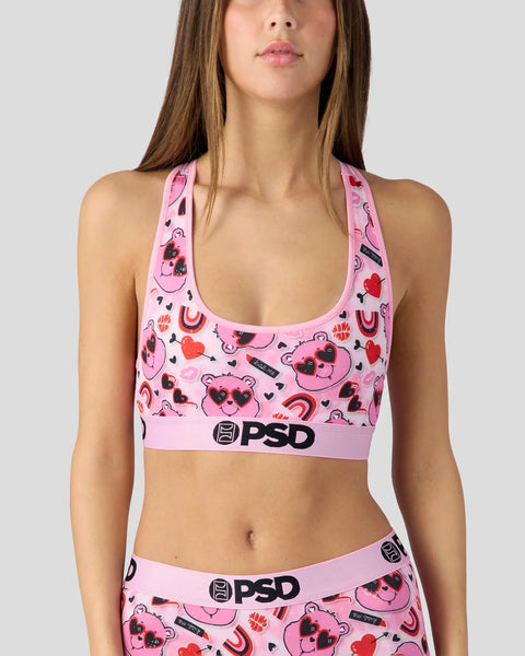 Pink Care Bears Love Bear sports bra with heart and bear print, PSD branding.