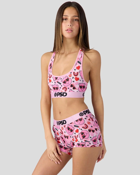 Pink Care Bears Love Bear sports bra and shorts set with heart and bear print, PSD branding.