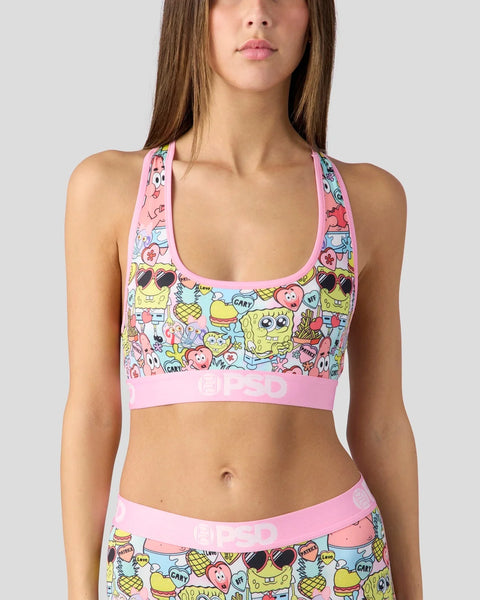 Pink sports bra with SpongeBob SquarePants characters and text printed across the chest and straps.