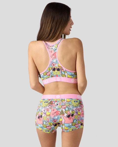 SpongeBob SquarePants two-piece set with pink and multicolor character print on sports bra and shorts.