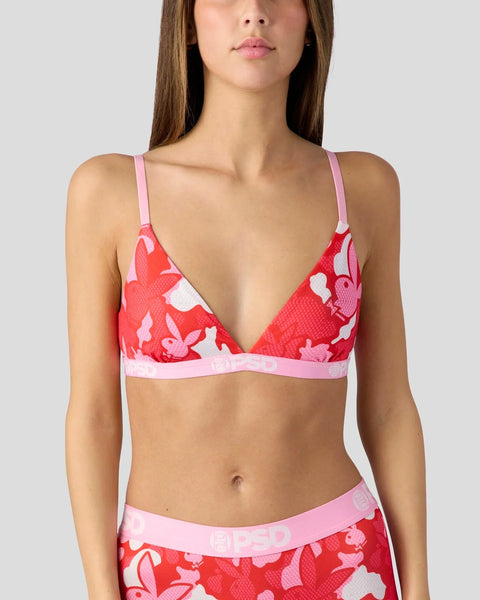 Red and pink camo-print bralette with pink straps and matching waistband.