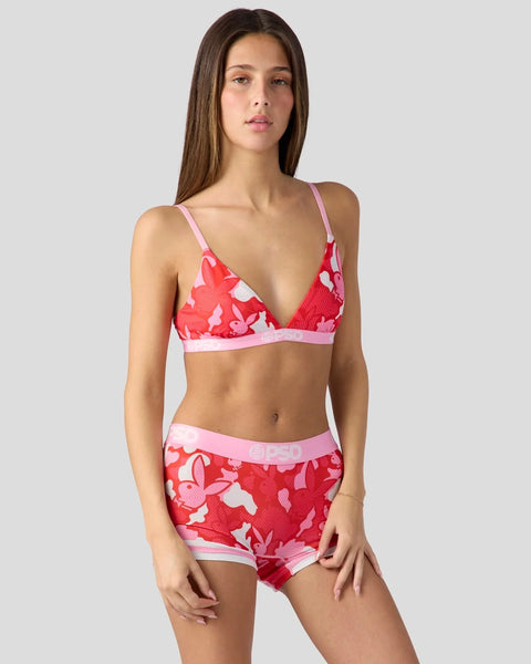 Red and pink camouflage print bra and shorts set with pink trim straps and waistband.