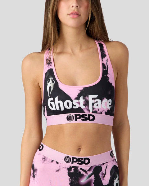 Pink and black sports bra with Ghost Face graphic, PSD branding, and scream mask design on front.