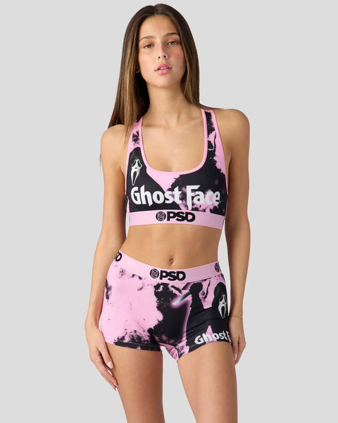 Pink and black sports bra and shorts set with Ghost Face graphic print and PSD branding.