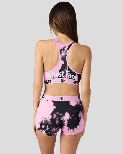 Pink and black tie-dye sports bra and shorts set with 