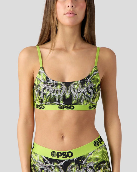 Neon lime green and black patterned bra with matching waistband and thin shoulder straps.