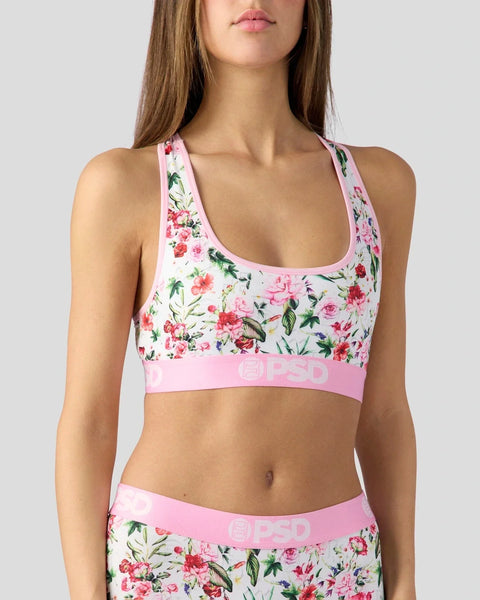 Pink floral print racerback bra top with matching waistband and coordinating bottoms.