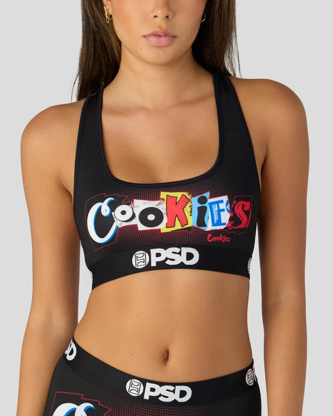 Black halter sports bra with colorful 