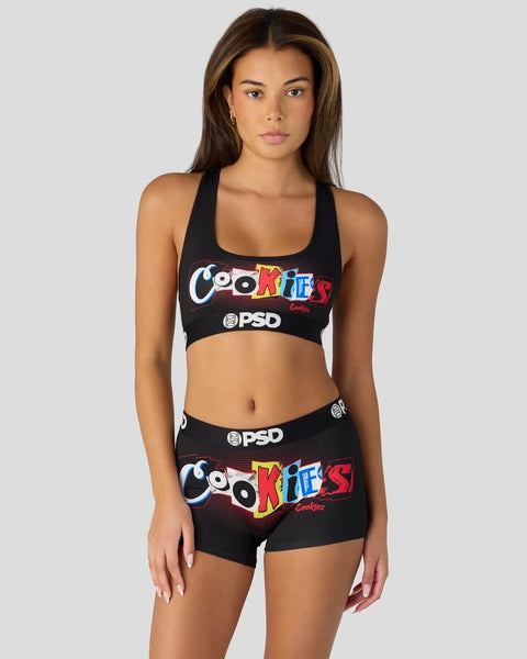 Black sports bra and shorts set with colorful 