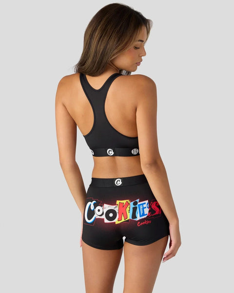 Black sports bra and shorts set with colorful 