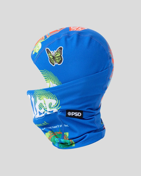 Blue balaclava-style face mask with colorful butterfly and leaf prints, PSD brand label visible.