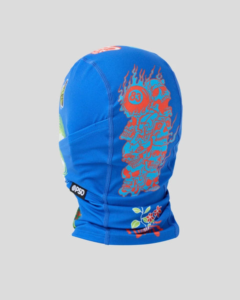 Blue balaclava with red skull and flame graphics, colorful leaf design at bottom.