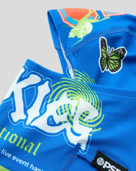 Blue hoodie with green and white butterfly and lizard graphics, drawstring hood detail visible.
