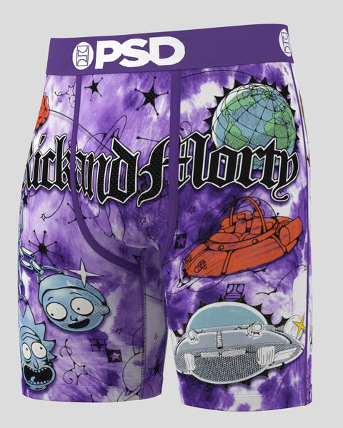 Purple tie-dye OPSD boxer briefs featuring Rick and Morty characters, spaceships, and celestial graphics.