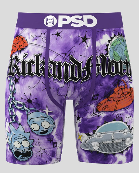 PSD boxer briefs with purple tie-dye background featuring Rick and Morty characters and spaceship graphics.