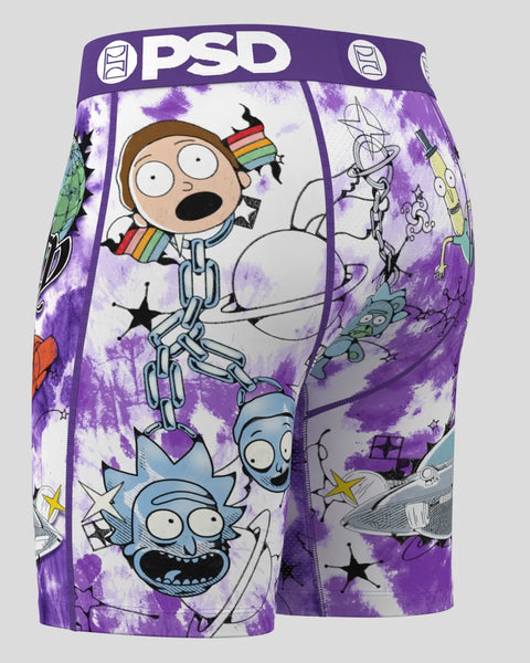 Purple and white tie-dye boxer shorts with Rick and Morty cartoon characters and stars printed throughout, PSD brand waistban