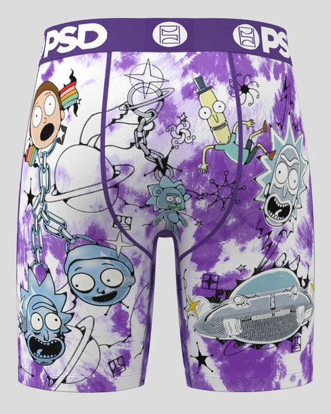 Purple tie-dye boxer shorts with Rick and Morty characters and space-themed graphics, PSD waistband.