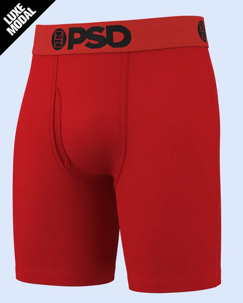 Red OPD boxer briefs with black waistband logo and center seam detail.