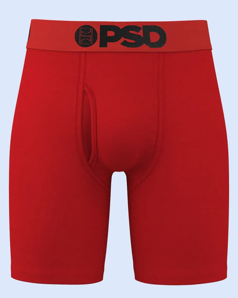 Red modal boxer briefs with black PSD waistband logo and center seam detail.
