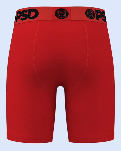 Red modal boxer briefs with black PSD waistband and contrast stitching.
