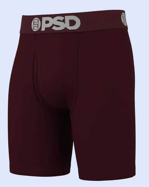 Dark maroon OPtSD boxer briefs with gray waistband logo and center seam.