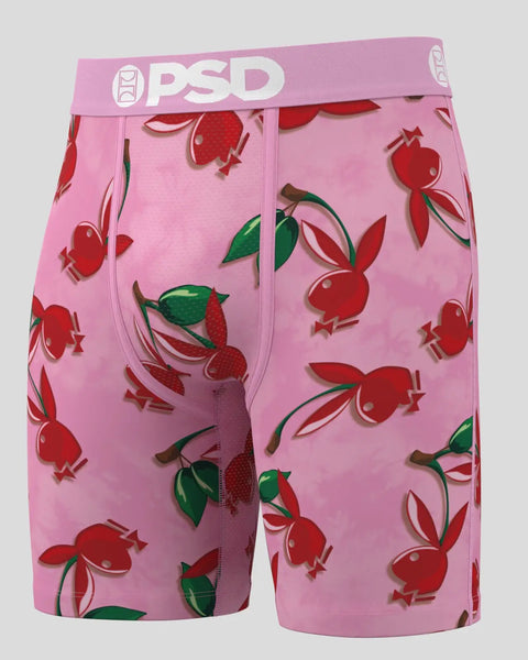 Pink boxer briefs with red pomegranate and green leaf print, pink PSD waistband.