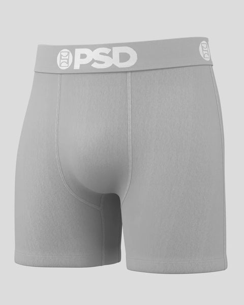 Gray ribbed boxer briefs with OPD branded waistband and center seam detail.