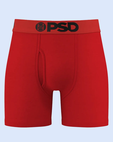 Red boxer briefs with black PSD waistband logo and white fly opening.