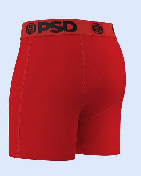 Red PSD boxer briefs with black waistband logo and side seam stitching.