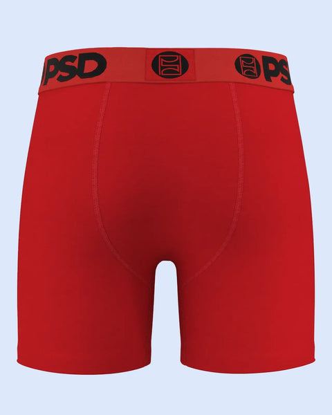 Red boxer briefs with black PSD branding on waistband and contrast stitching.
