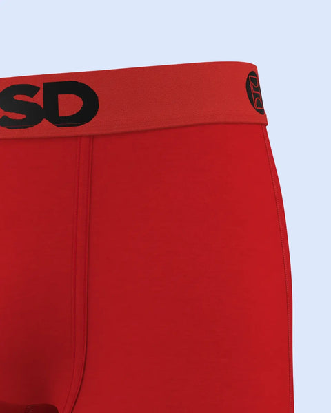 Metallic red underwear with black waistband text and decorative side detail against light blue background.