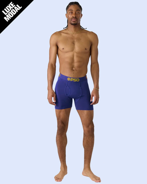 Man wearing royal blue boxer briefs with gold waistband.