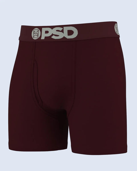 Dark maroon boxer briefs with gray PSD waistband and logo.