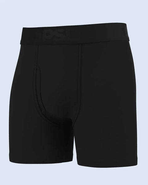 Black modal boxer briefs with elasticated waistband and pouch front, displayed flat against light background.