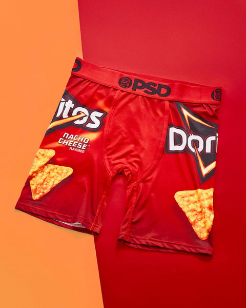 Red boxer briefs with Doritos Nacho Cheese chip graphics and branding on orange and red background.