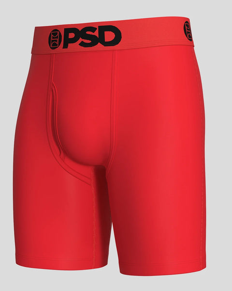 Red boxer briefs with black PSD waistband and logo on elastic band.
