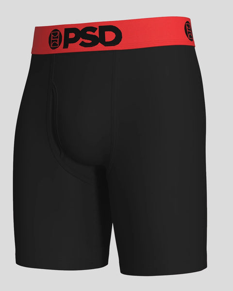 Black boxer briefs with red and black PSD waistband featuring logo.