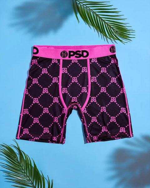 Black and hot pink monogram boxer briefs with quilted pattern and PSD waistband.