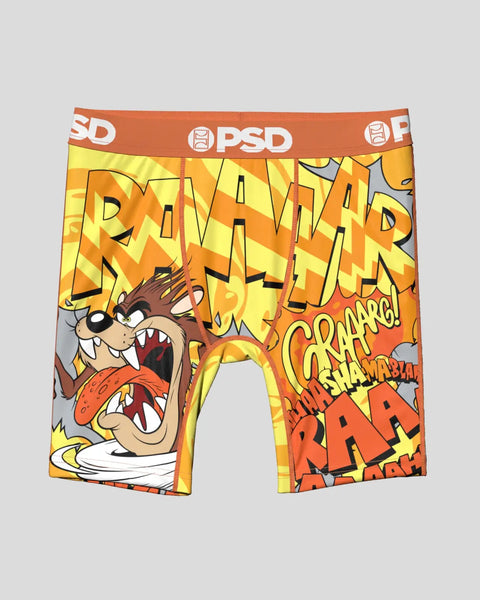 PSD boxer briefs with Tasmanian Devil character and comic book-style text on yellow and orange background.