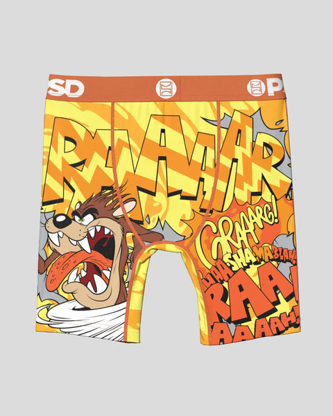 Tasmanian Devil boxer shorts with yellow and orange comic-style graphics and text on elastic waistband.