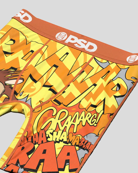 Orange and yellow Looney Tunes Taz character underwear with comic-style text and brown waistband featuring PSD branding.