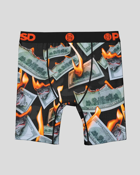 Black boxer briefs with orange flame and dollar bill pattern, orange SD waistband.