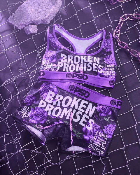 Purple sports bra and matching shorts set with 