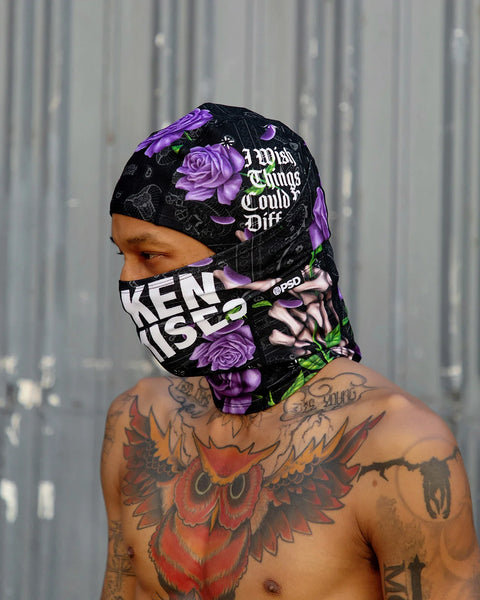 Black balaclava with purple roses, text graphics, and matching neck gaiter featuring floral and typography design.